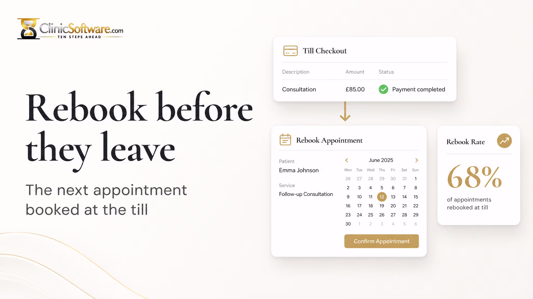Rebook screen offering the next appointment once payment is complete